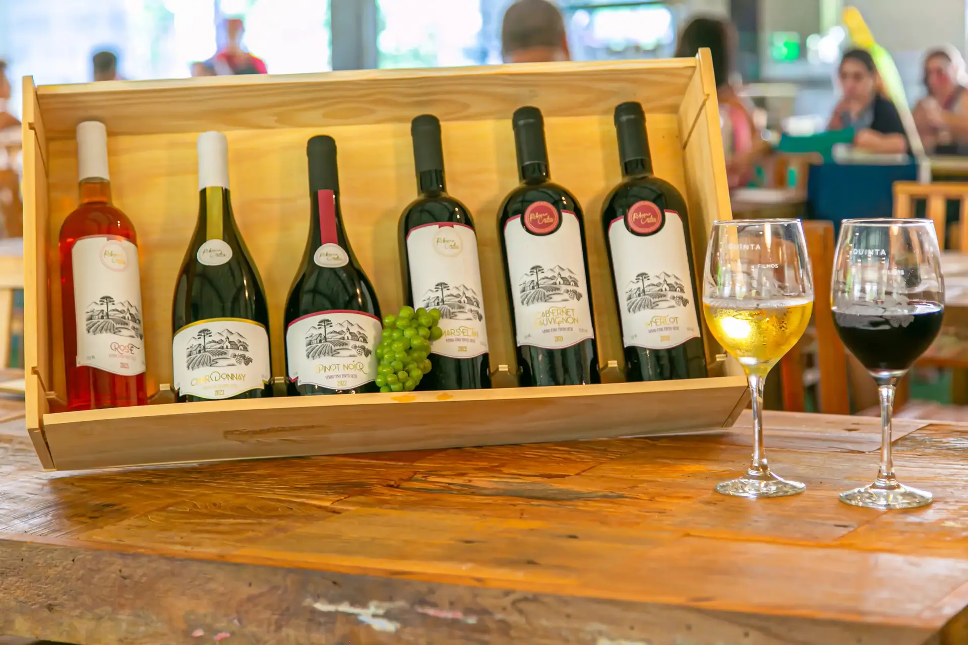 Vinhos em caixa de madeira com taças de vinho branco e tinto